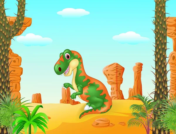 Dessin Animé Drôle Tyrannosaure Avec Fond Désert — Image vectorielle