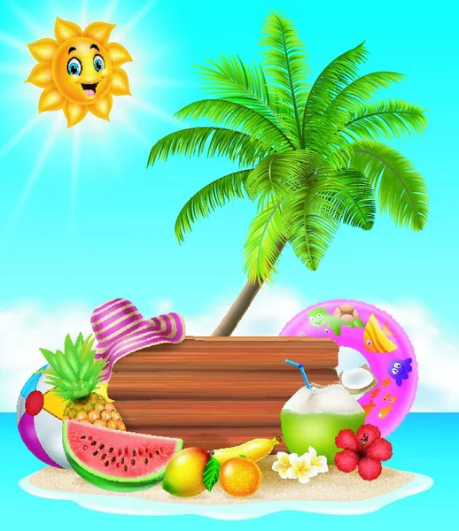 Summer Beach Background Tropical Fruits — Stock Vector