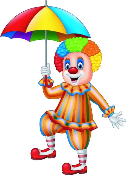 Dessin Animé Drôle Clown Tenant Parapluie — Image vectorielle