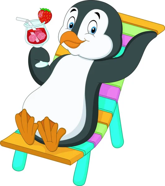 Cartoon Pinguïn Zittend Strandstoel Cocktail Vasthoudend — Stockvector