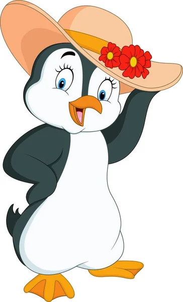 Cartoon Penguin Wearing Summer Straw — Stock Vector