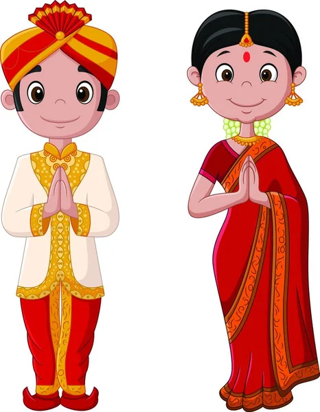 Dessin Animé Couple Indien Costume Traditionnel — Image vectorielle