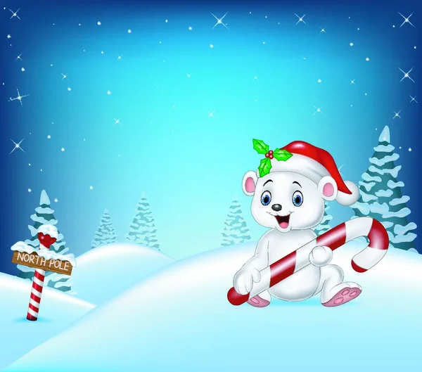Cartoon Weihnachten Hintergrund Mit Eisbär Hält Süßigkeiten — Stockvektor