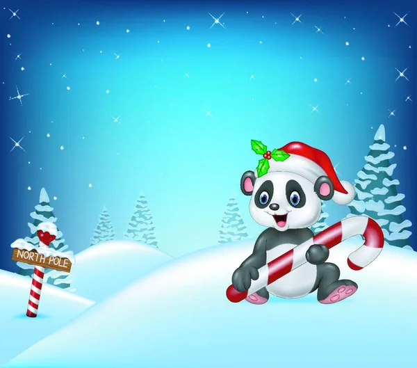 Κινούμενα Σχέδια Χριστούγεννα Φόντο Panda Εκμετάλλευση Καραμέλα — Διανυσματικό Αρχείο