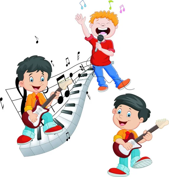 Cartoon Feliz Niños Cantando Tocando Música — Vector de stock