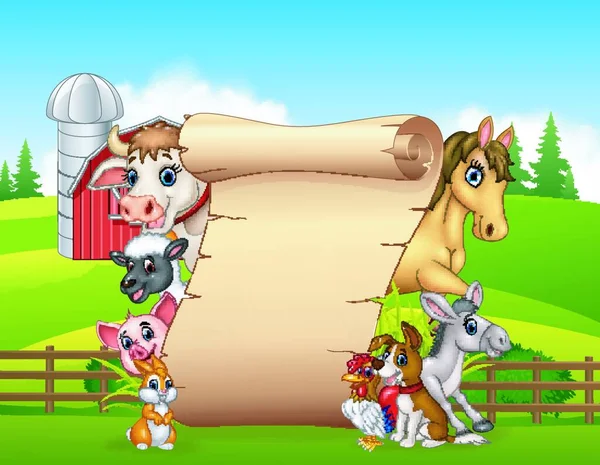 Cartoon Grappige Boerderij Dieren Met Blanco Bord — Stockvector