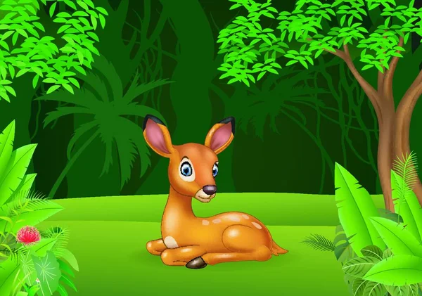 Bébé Cerf Dessin Animé Assis Dans Jungle — Image vectorielle