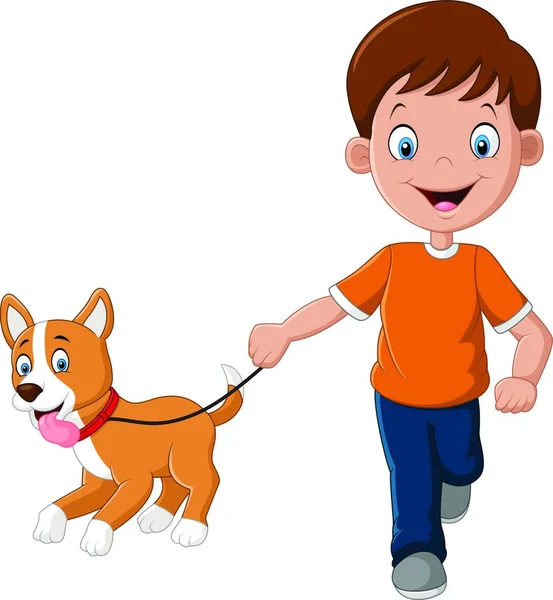 子犬と一緒に走っている小さな男の子 — ストックベクタ