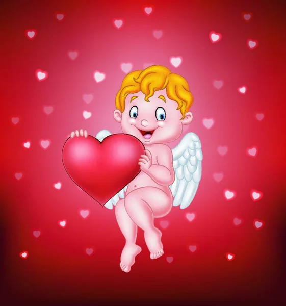 Funny Little Cupid Holding Love Heart — Stock Vector