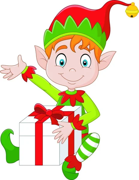 Cartoon Elf Holding Gift Box — Stock Vector