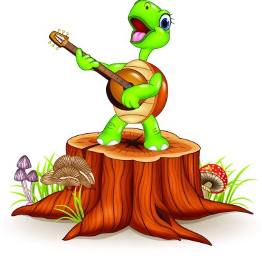 Cartoon turtle playing a guitar on tree stump clipart