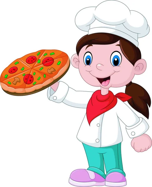 Linda Niña Sosteniendo Pizza — Vector de stock