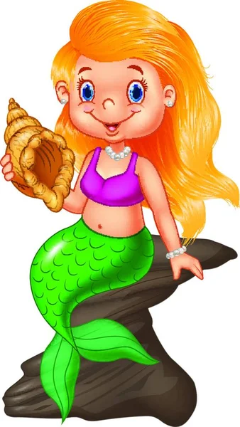 Cartoon Mořská Panna Drží Seashell Skále — Stockový vektor