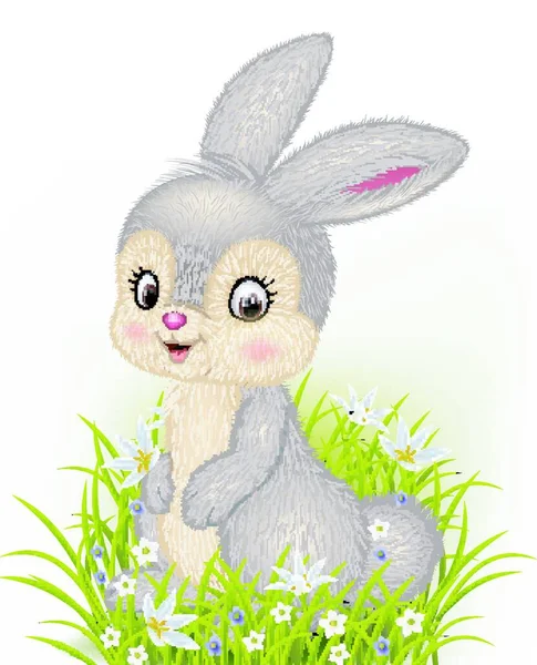 Cartone Animato Piccolo Coniglietto Seduto Sfondo Erba — Vettoriale Stock
