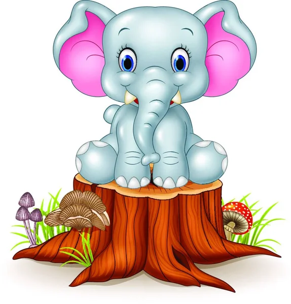 漫画かわいい赤ちゃん象の木の切り株 — ストックベクタ