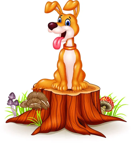 漫画犬は木の切り株の上に舌で座って — ストックベクタ