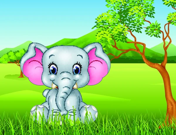 Dibujos Animados Divertido Bebé Elefante Sentado Selva — Vector de stock