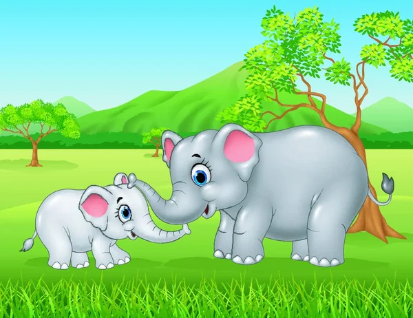 Zeichentrick Elefantenmutter Und Kälbchen Dschungel — Stockvektor