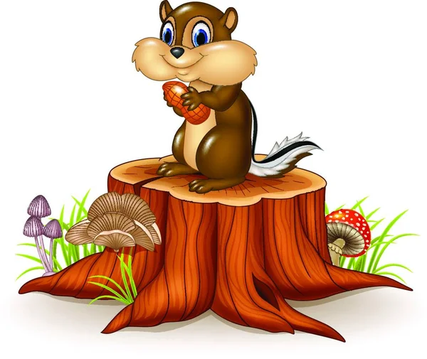卡通花栗鼠抱着花生在树桩上 — 图库矢量图片