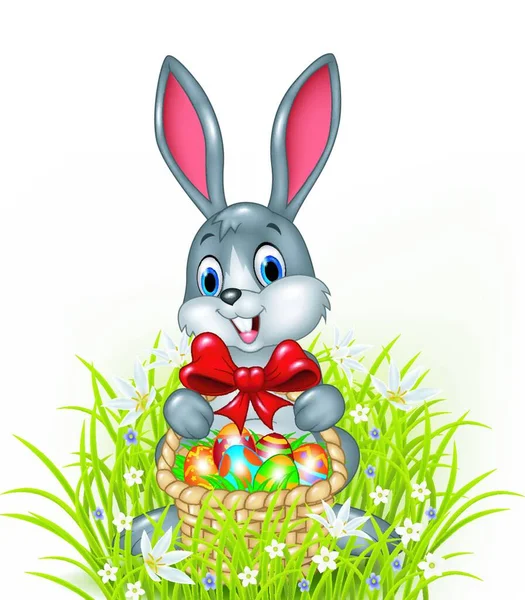 Conejo Pascua Con Una Cesta Huevos Pascua Pintados — Vector de stock