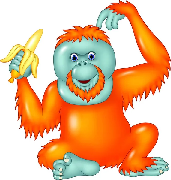 Desenhos Animados Orangotango Comer Banana Isolada Fundo Branco — Vetor de Stock