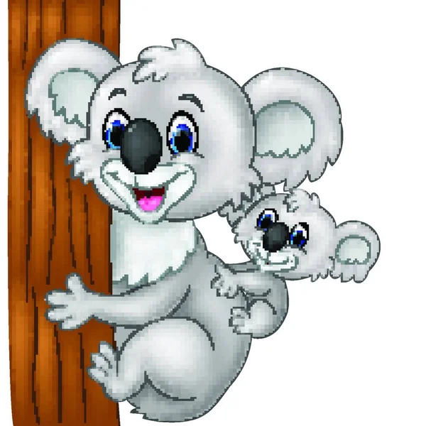 Cartoon Bebê Koala Parte Trás Mãe Segurando Árvore — Vetor de Stock