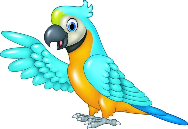 Cartone Animato Divertente Macaw Presentando Isolato Sfondo Bianco — Vettoriale Stock