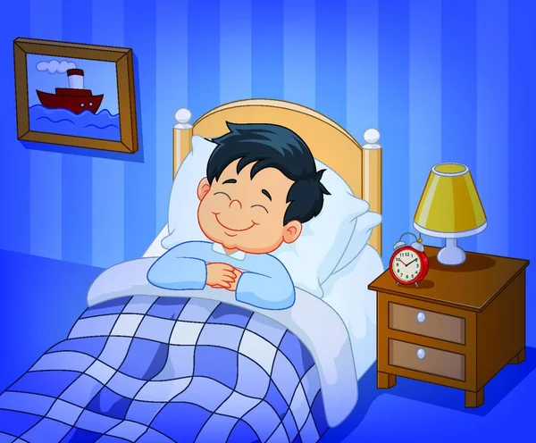 Dibujos Animados Sonrisa Niño Durmiendo Cama — Vector de stock