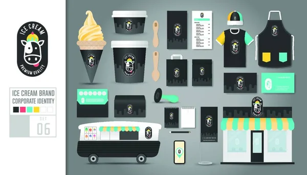 Шаблон Фірмового Стилю Set Концепція Логотипу Магазину Морозива Кафе Ресторану — стоковий вектор