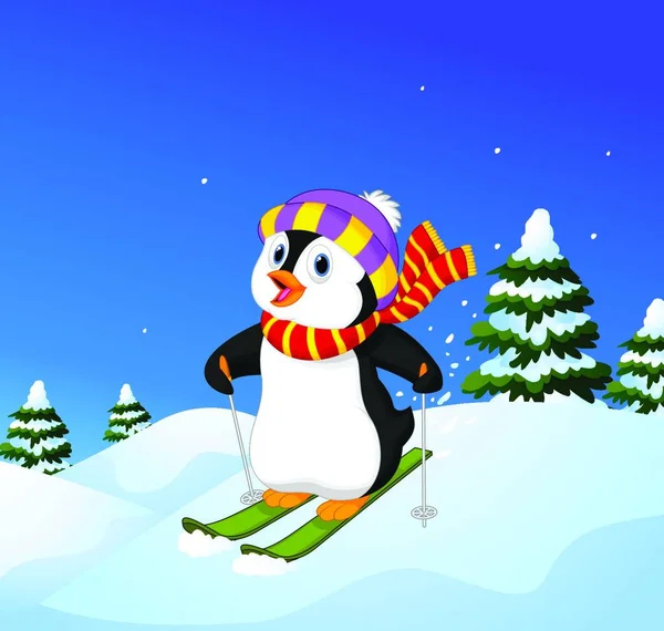 Cartoon Penguin Skiing Mountain Slope — Stock Vector