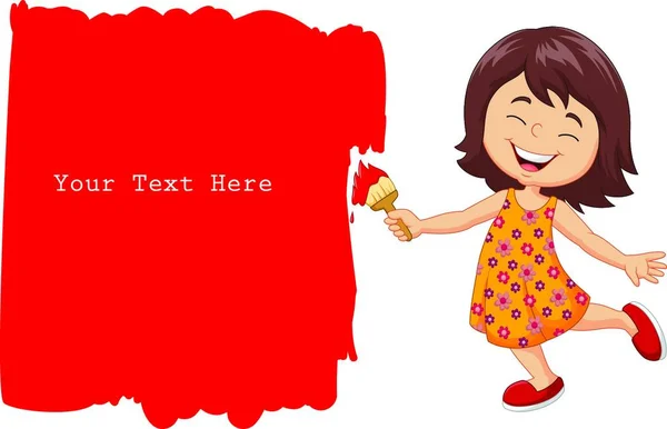 Dessin Animé Petite Fille Peignant Mur Avec Une Couleur Rouge — Image vectorielle