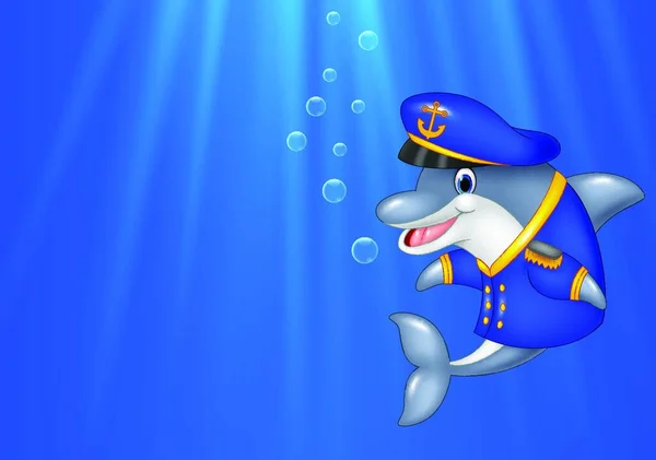 Cartoon Dolphin Wearing Captain Uniform Swimming Ocean — Stock Vector