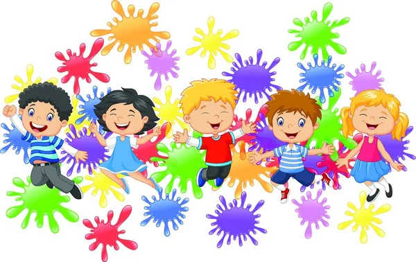 Tecknade Små Barn Hoppar Tillsammans Med Insamling Färg Stänk — Stock vektor