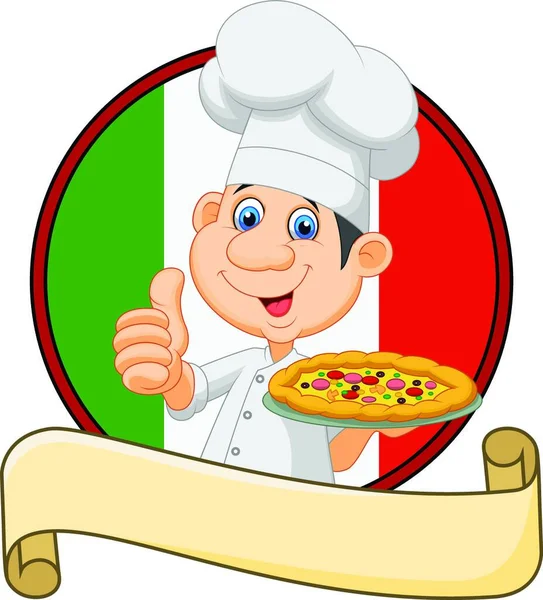 Chef Cartone Animato Tenendo Una Pizza Dando Pollice — Vettoriale Stock