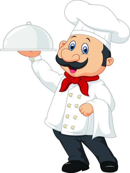 Cartoon Chef Feliz Com Bigode Segurando Uma Bandeja Prata — Vetor de Stock