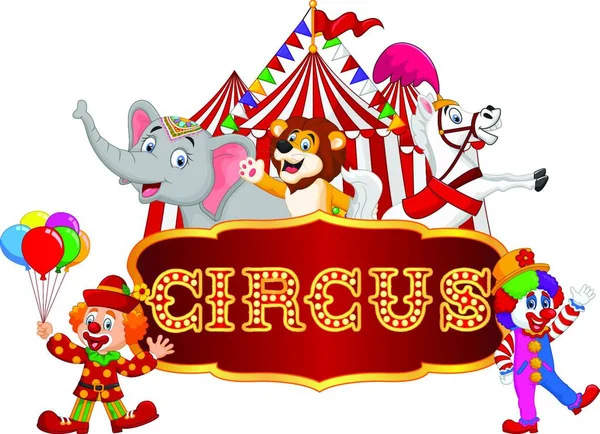 以小丑为背景的卡通快乐的动物马戏团 — 图库矢量图片