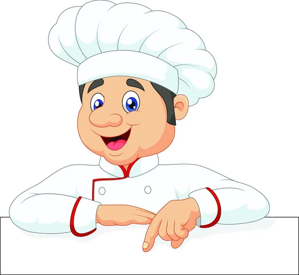 Karikatur Kleiner Koch Der Auf Ein Banner Oder Eine Speisekarte — Stockvektor