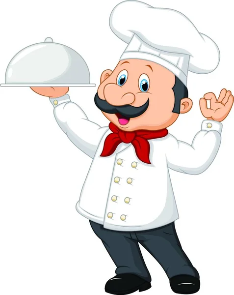 Dessin Animé Drôle Chef Avec Une Moustache Tenant Plateau Argent — Image vectorielle