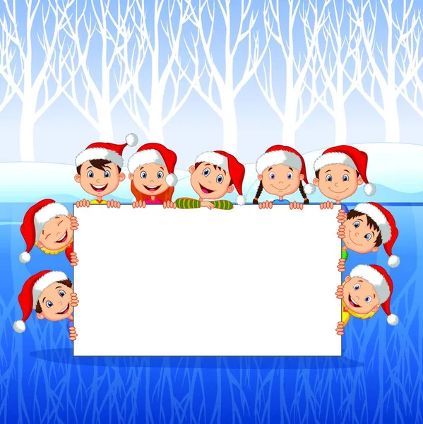 白い看板とクリスマスの帽子を持つ小さな子供たち — ストックベクタ