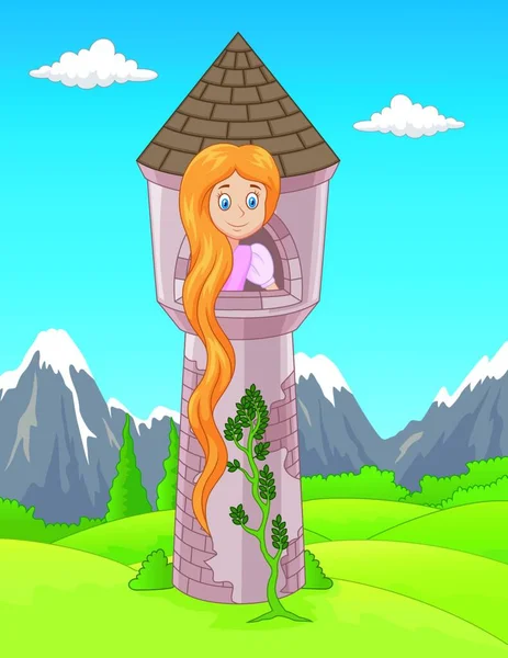 长发长发长发的莴苣姑娘在城堡窗前等着 — 图库矢量图片