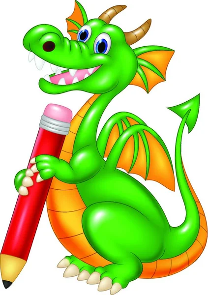 Cute Dragon Holding Rec Pencil Isolated White Background — Stock Vector