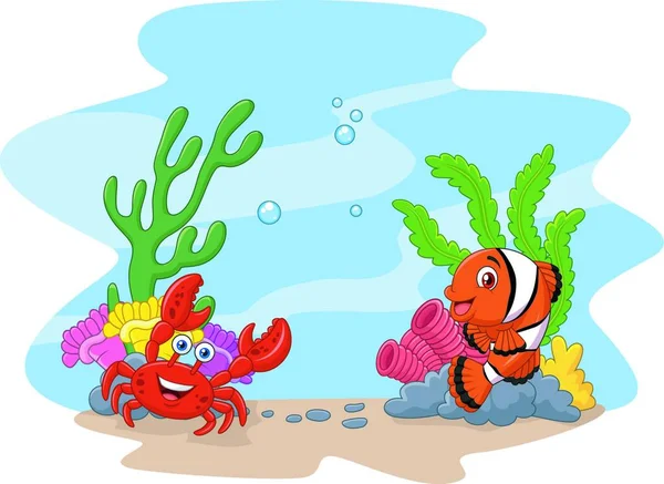 漫画ピエロ魚とカニとともにサンゴとイソギンチャクの背景 — ストックベクタ
