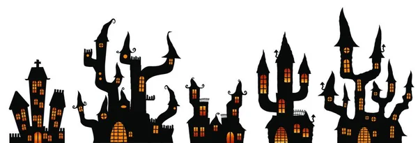 Gyűjtemény Különböző Fekete Színű Illusztrált Kastélyok Halloween Elrendezés — Stock Vector