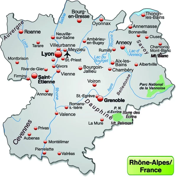 Rhone Alpes Francji Jako Mapa Wysp Wszystkimi Ważnymi Informacjami Topograficznymi — Wektor stockowy