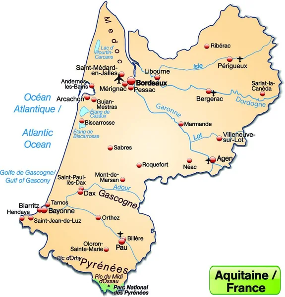 Aquitanien Frankreich Als Inselkarte Mit Allen Wichtigen Topografischen Informationen — Stockvektor