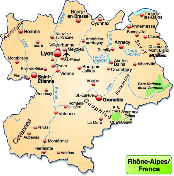 Rhone Alpes Francii Jako Ostrovní Mapa Všemi Důležitými Topografickými Informacemi — Stockový vektor