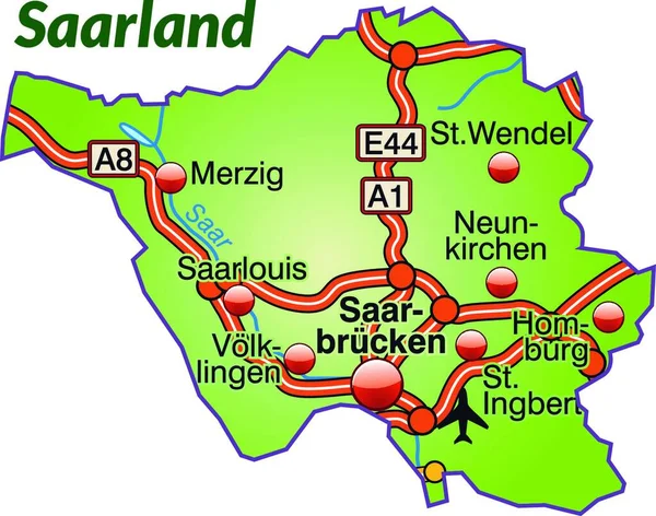 Saarland Alemania Como Mapa Insular Con Red Transporte Debido Atractivo — Vector de stock