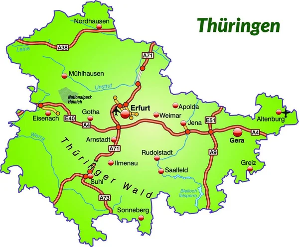 Thuringia Alemanha Como Mapa Ilha Com Uma Rede Transportes Design — Vetor de Stock