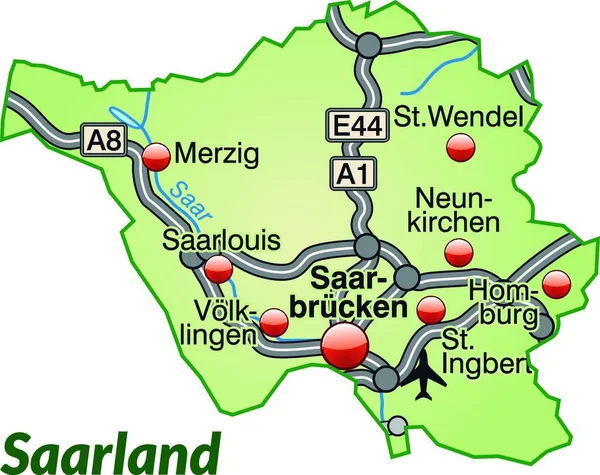 Das Saarland Deutschland Als Inselkarte Mit Verkehrsnetz — Stockvektor