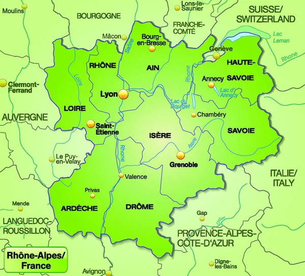Rhone Alpes Francia Como Mapa Medioambiental Con Fronteras Verde Tarjeta — Vector de stock